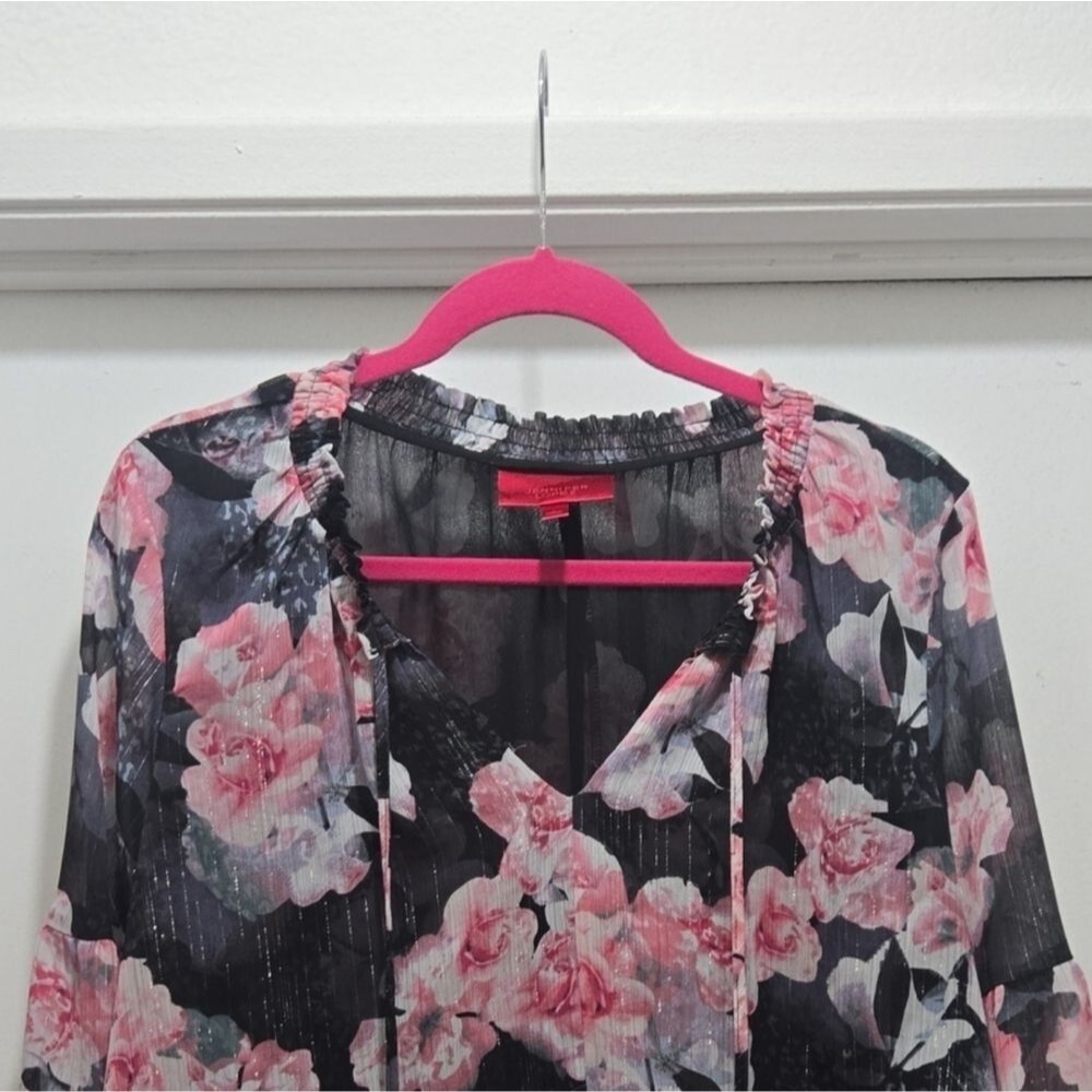 Women's Jennifer Lopez JLo Floral Pink & Black Flowers Sheer Blouse Size Large L
